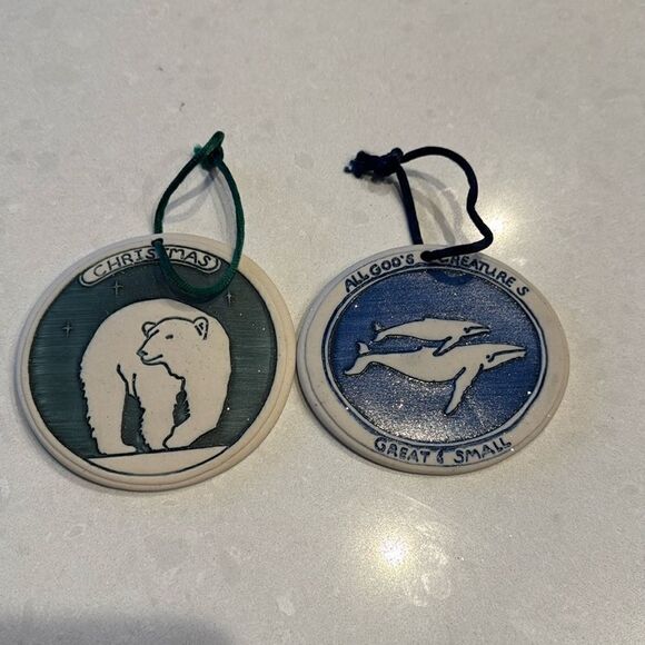 Hidden Cove pottery, 2 ornaments designed by Mike and Donna Day, 1995, nice.